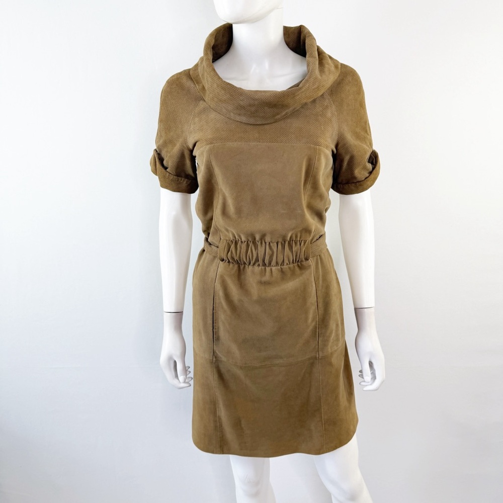 Hoss Intropia Brown Leather Dress Size 36 Short Sleeve Cowl Neck Boho Chic